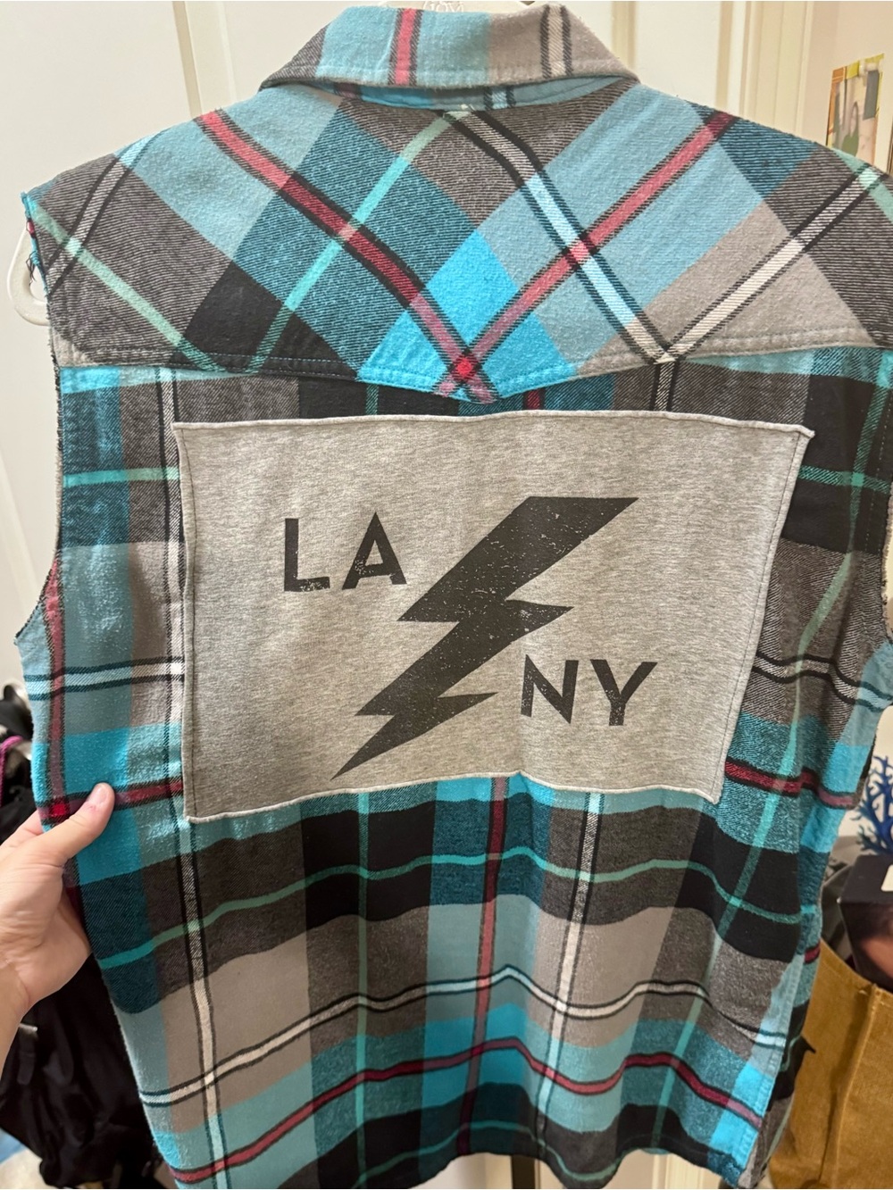 LA NY Lightning Plaid Button-Down Vest - Teal/Gray